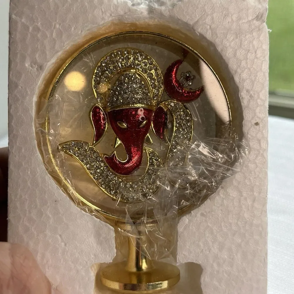 Om Shanti Ganesha Idol Figurine – Gold Red Jeweled Hindu Car Dashboard Statue